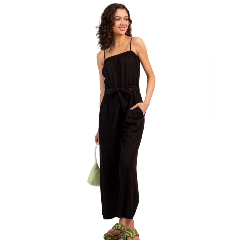 (K273) Women’s Black Linen Sleeveless Belted Jumpsuit w/2 Front Pockets NWT